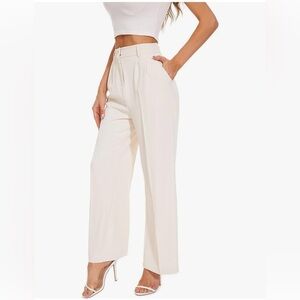 Decivi Women's High Waisted Elastic Back Wide Leg Pleated Work Pants, Beige, Sm‌